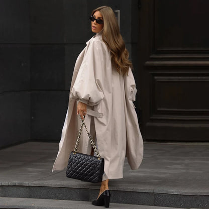 Solid Commute Women's Trench Coat Ovesized Puff Sleeve Single Breasted Long Jacket Lapel Side Slit 2026 New Autumn Lady Outwear