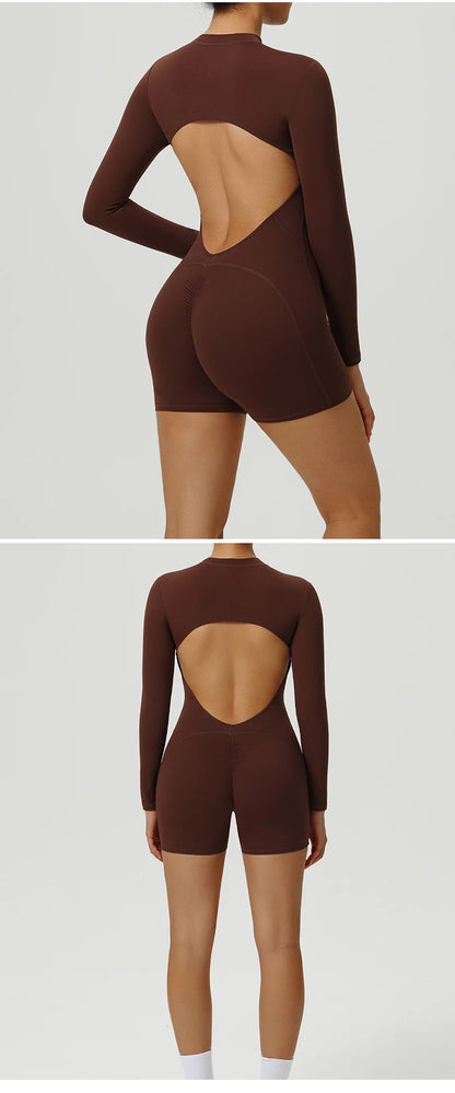 Women V-Back Sports Overalls Zipper Workout Jumpsuit Gym Fitness Suits Sports Bodysuits Female Running Tracksuit Sportswear