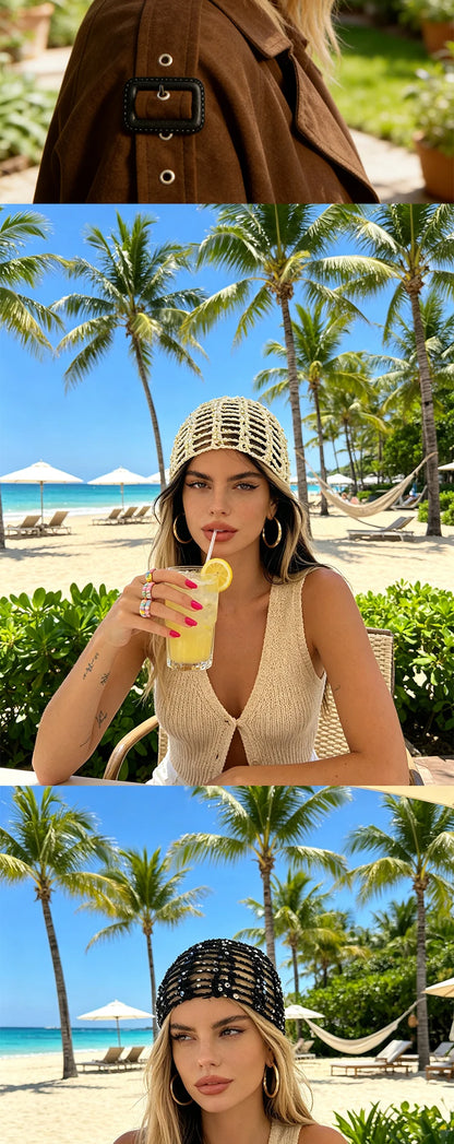 Fashion Vintage Sequined Hollow Pullover Hats Women Spring Summer Travel Photo Atmosphere Versatile Y2K Knit Beanie Hat Girl