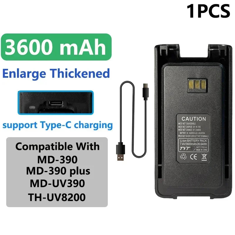 MD-390 Original Battery Enlarge Thicker Battery USB-C Charge 3600mAh Compatible With MD-UV390 MD-390Plus TH-UV8200 Walkie Talkie