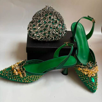 Insightlink Green Crystal High Heel with Bag Set for Bridal Wedding Party Designer Pointed Toe and Clutch Luxury Sandal Handbag