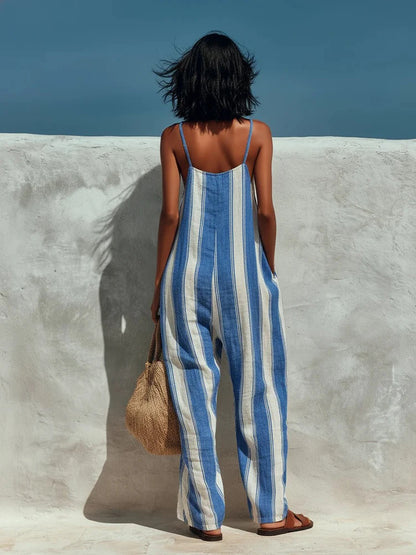 Women's Striped Print Street Loose Casual Sleeveless Pocket Playsuits Elegant Off Shoulder Suspender Jumpsuits and Rompers
