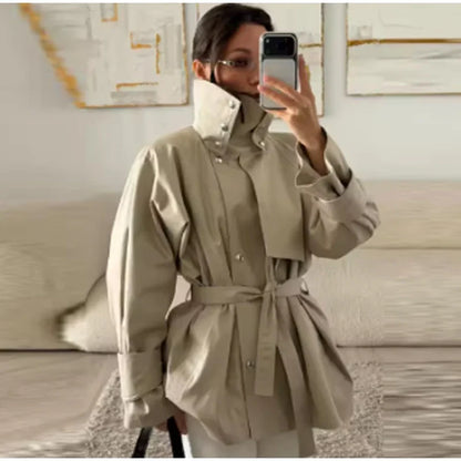 Fashion Stand Collar Short Trench Coat Women Solid Double-breasted Belt Jacket 2026 Autumn Lady Commuting Casual Outwear