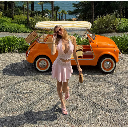 Light Blue Halter Neck Pleated Mini Dress Lady Sleeveless High Waist Hollow Lace Short Vestidos Summer Women's Vacation Outfit