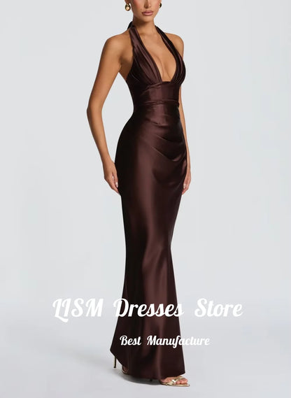 Lism Simple Satin Sheath Formal Evening Dress Women 2026 Halter Sleeveless Pleat Open Back Prom Dress Party Gowns Customized