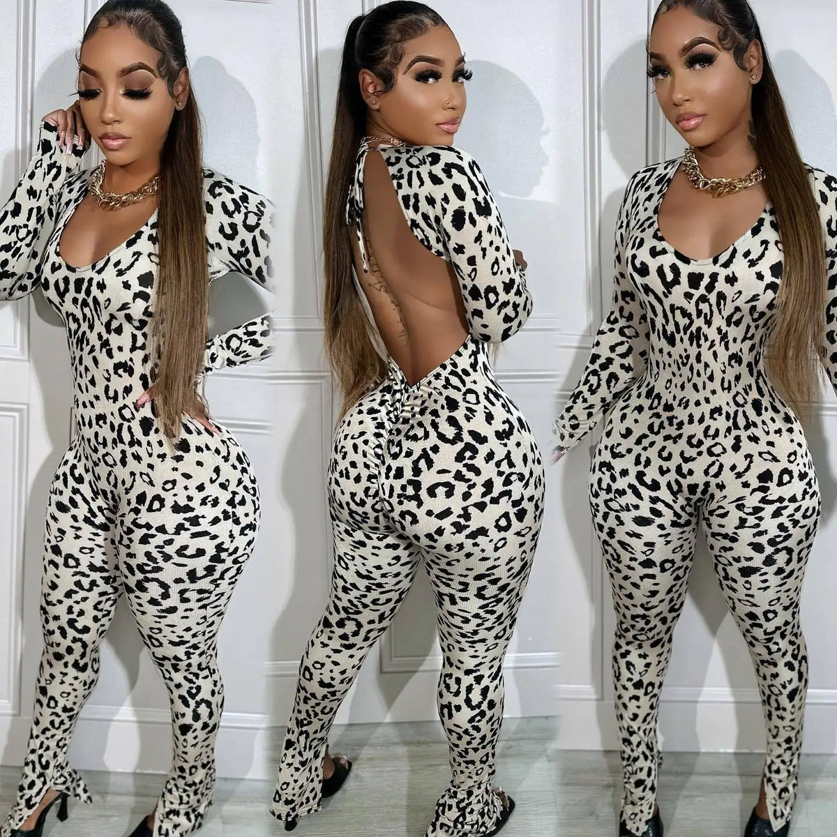 Summer Sexy Leopard Jumpsuit Women Backless Lace-up Shirring On Hips Slim Stretchy Pencil Pants Tights Rompers Casual 63972