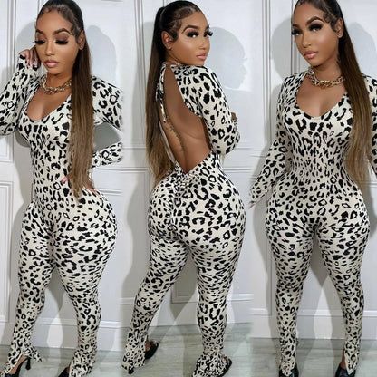 Summer Sexy Leopard Jumpsuit Women Backless Lace-up Shirring On Hips Slim Stretchy Pencil Pants Tights Rompers Casual 63972
