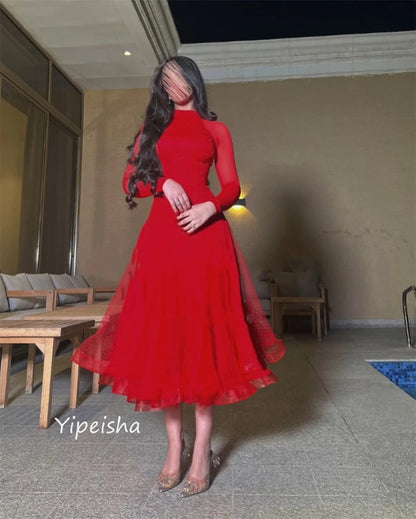 Customized  Prom Classic Modern Style High Collar A-line Draped Ankle-Length Tulle Bespoke Occasion Dresses Evening
