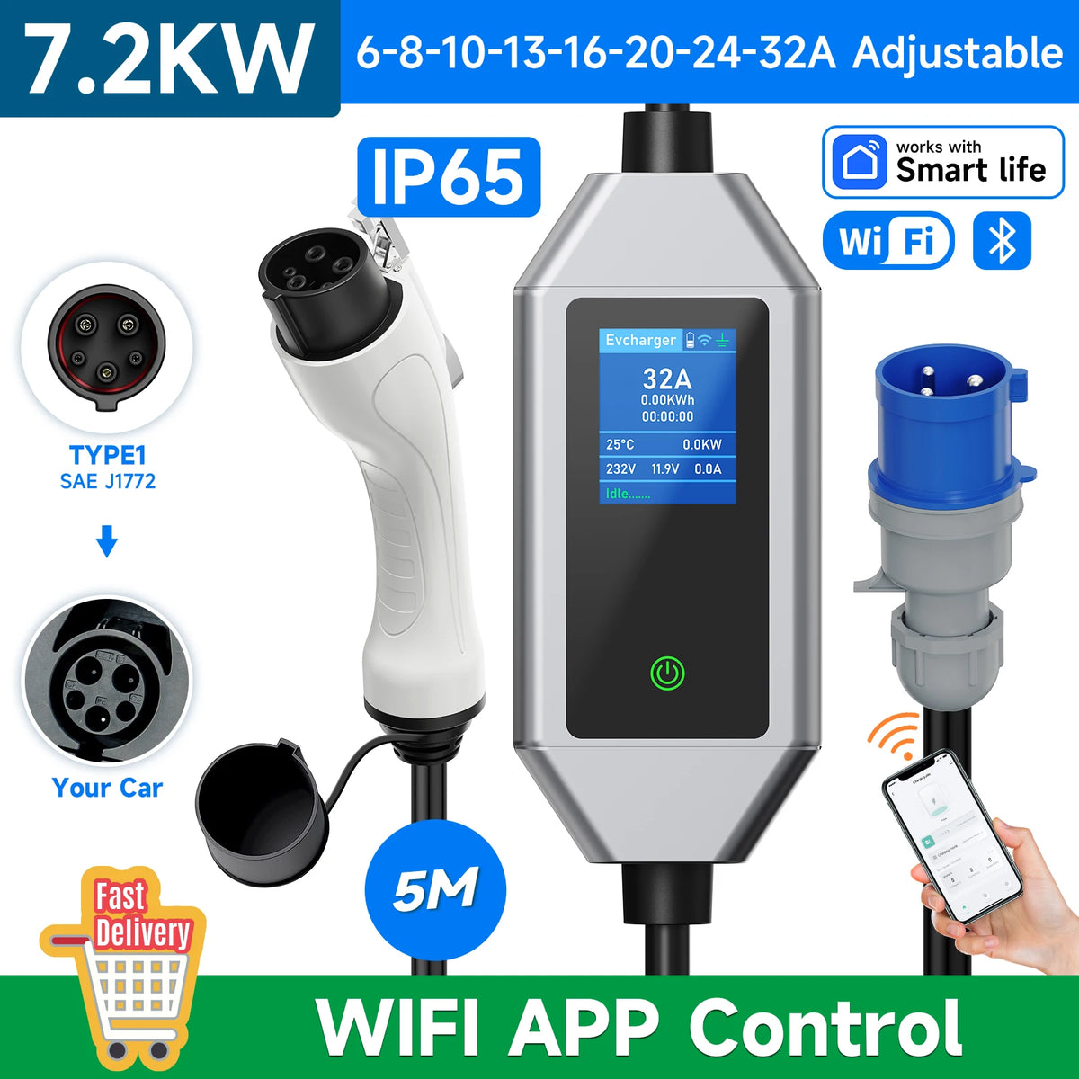 JNTAFEV Portable Charger 7.2KW 32A Type2 IEC62196-2 Electric Car Charger Type1 J1772 EV Charger GB/T CEE Plug WIFI APP Control