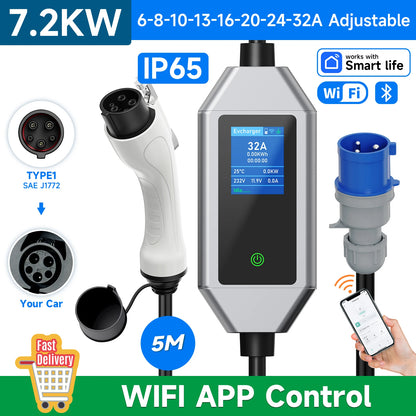 JNTAFEV Portable Charger 7.2KW 32A Type2 IEC62196-2 Electric Car Charger Type1 J1772 EV Charger GB/T CEE Plug WIFI APP Control