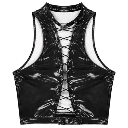 Women Leather Vest Gothic Steampunk Wet Look Hollow Out T-shirt Slim Bodycon Streetwear Sleeveless Crop Top Party Clubwear
