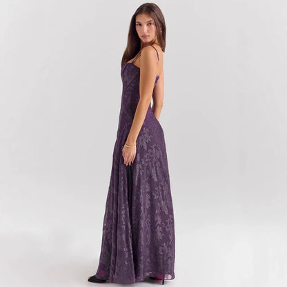 Women New European American Cami Strap Maxi Gown Tulle Floral Lace Applique Formal Prom Long Dress