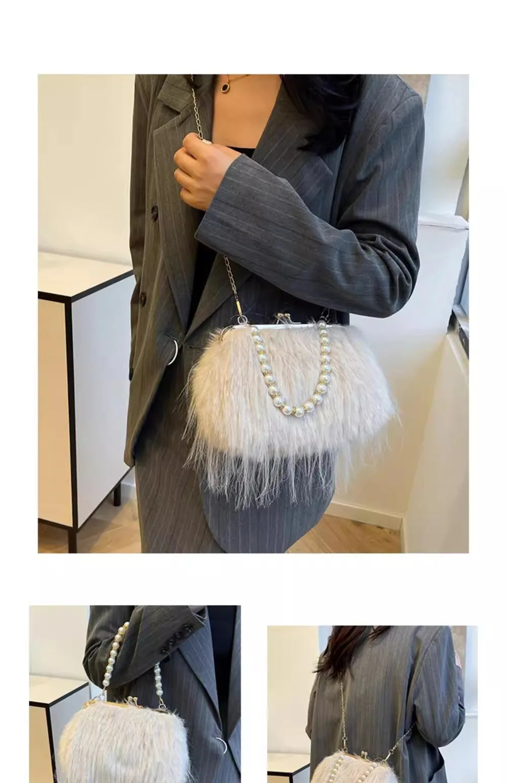 Beading Chain Women's Evening Plush Handbags Faux Fur Tassel Ladies Shoulder Bag Elegant Female Crossbody Bags Party Furry Purse