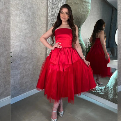 Customized Satin Pleat Wedding Party A-line Strapless Bespoke Occasion Gown Midi Dresses