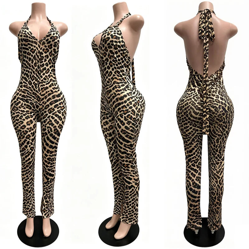 Sexy Halter Backless Bandage Jumpsuit Woman Slim V Neck Leopard Zebra Printed Jumpsuits Women Spring Summer Fashion Streetwear