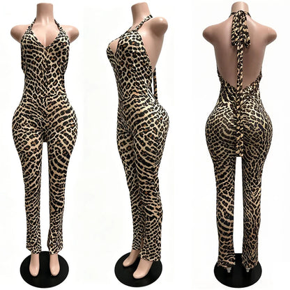 Sexy Halter Backless Bandage Jumpsuit Woman Slim V Neck Leopard Zebra Printed Jumpsuits Women Spring Summer Fashion Streetwear