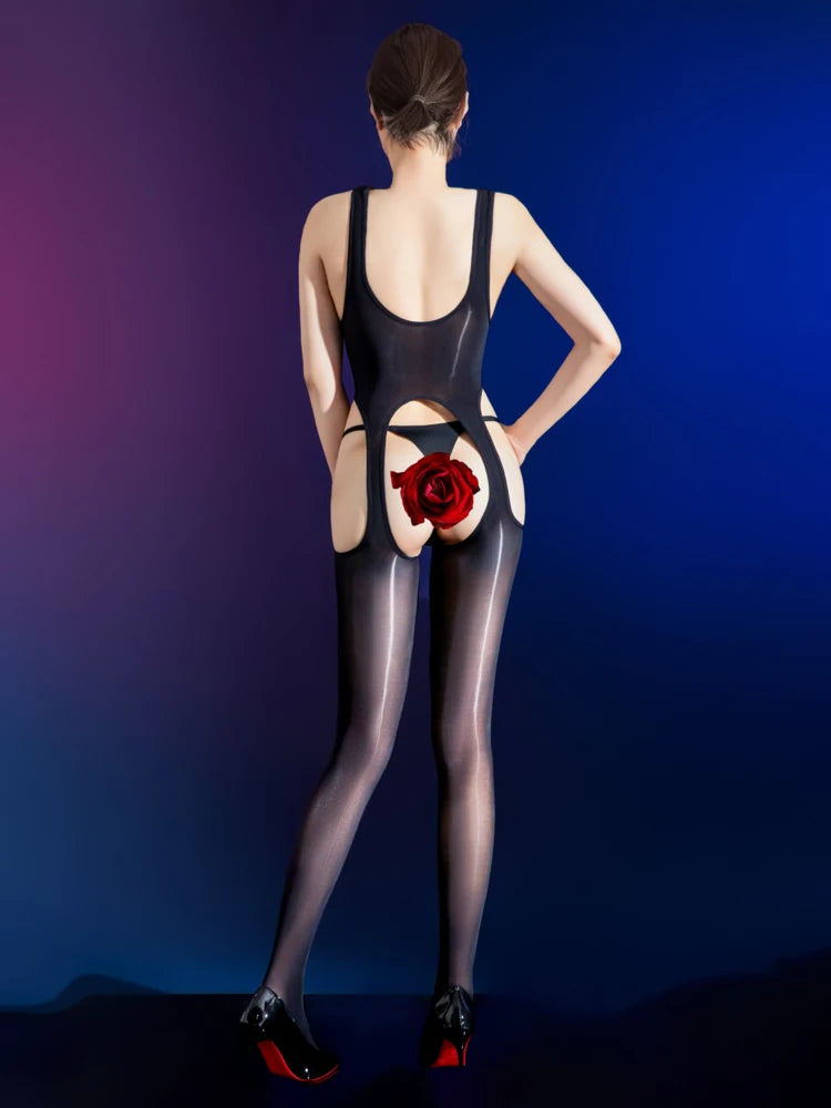 Hollow Out Crotchless Nylon Catsuit Glossy Shiny Bodystocking Open Crotch Bodysuit Tight Sexy Leotard Conjoined Lingerie Unitard