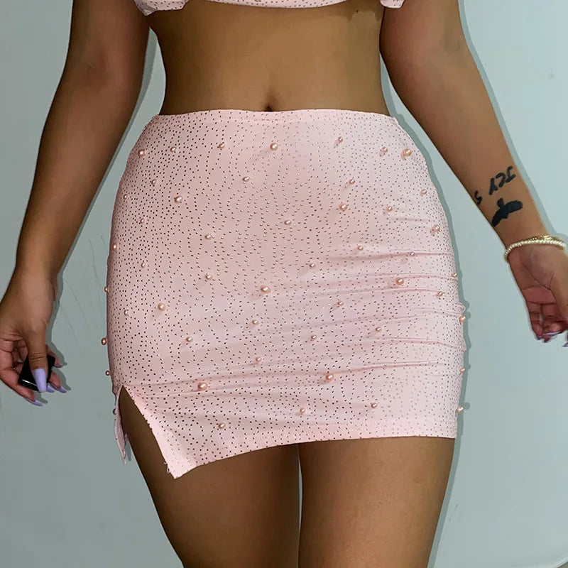 Luxury Y2k Bodycon Sexy Two-piece Set Skirt Sets Sequins Pearls Women Outfits Evening Party Gowns Chic Dresses Short Suits White