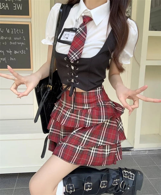Summer College Style Uniform Set for Women Chic Corset Shirt Tie Vest Red Plaid Skirt with School Badge 5-Piece Set Girls