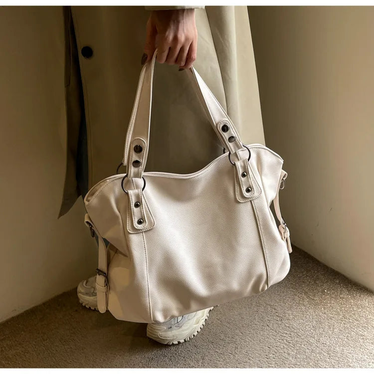 Ladies Large Capacity Brand Handbag Pu Leather Women's Retro Tote Bag Korean Fashion Shoulder Bag Winter White Zipper Handbag