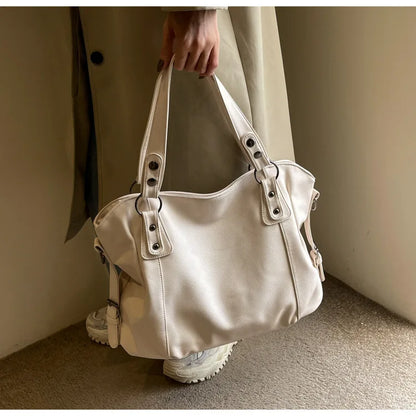 Ladies Large Capacity Brand Handbag Pu Leather Women's Retro Tote Bag Korean Fashion Shoulder Bag Winter White Zipper Handbag
