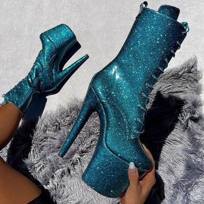 20CM/8Inch Bling Pole Dance Boots Woman Glossy Patent leather Red lace-up Nightclub Shoes Extreme high heel Platform Short Boots