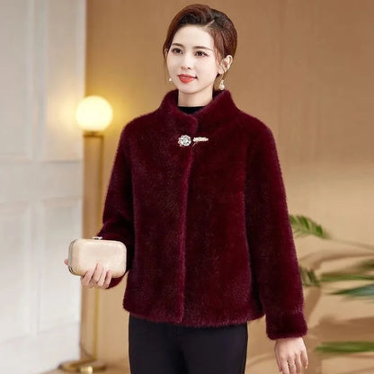 Middle Aged Mother's Clothing Autumn Winter Fashion Mink Fur Fur One-Piece Short Style Stand Collar Fur Jacket Female Warm Coat