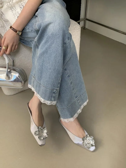 Luxury Crystal Flower Design Slippers for Women Summer 2025 Fashion Square Toe Backless Flat Sandals Elegant Party Mule Shoes