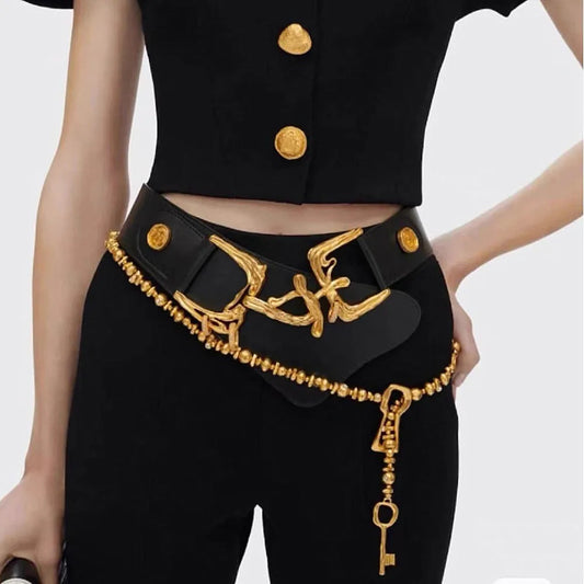 Exggerated Gold-plated Plastic Beads Chain With  Alloy Key Lock Necklace For Women Jewelry Fashion Show Model Waist Accessory