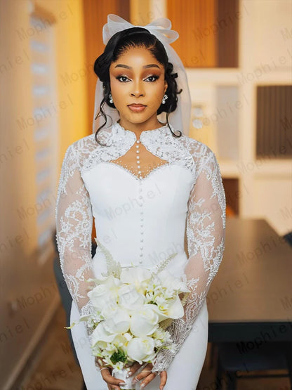 Elegant Africa Wedding Dresses for Bride Long Sleeves Midi Length Courthouse Civil Bridal Gowns Laca Sheath Dress Customized