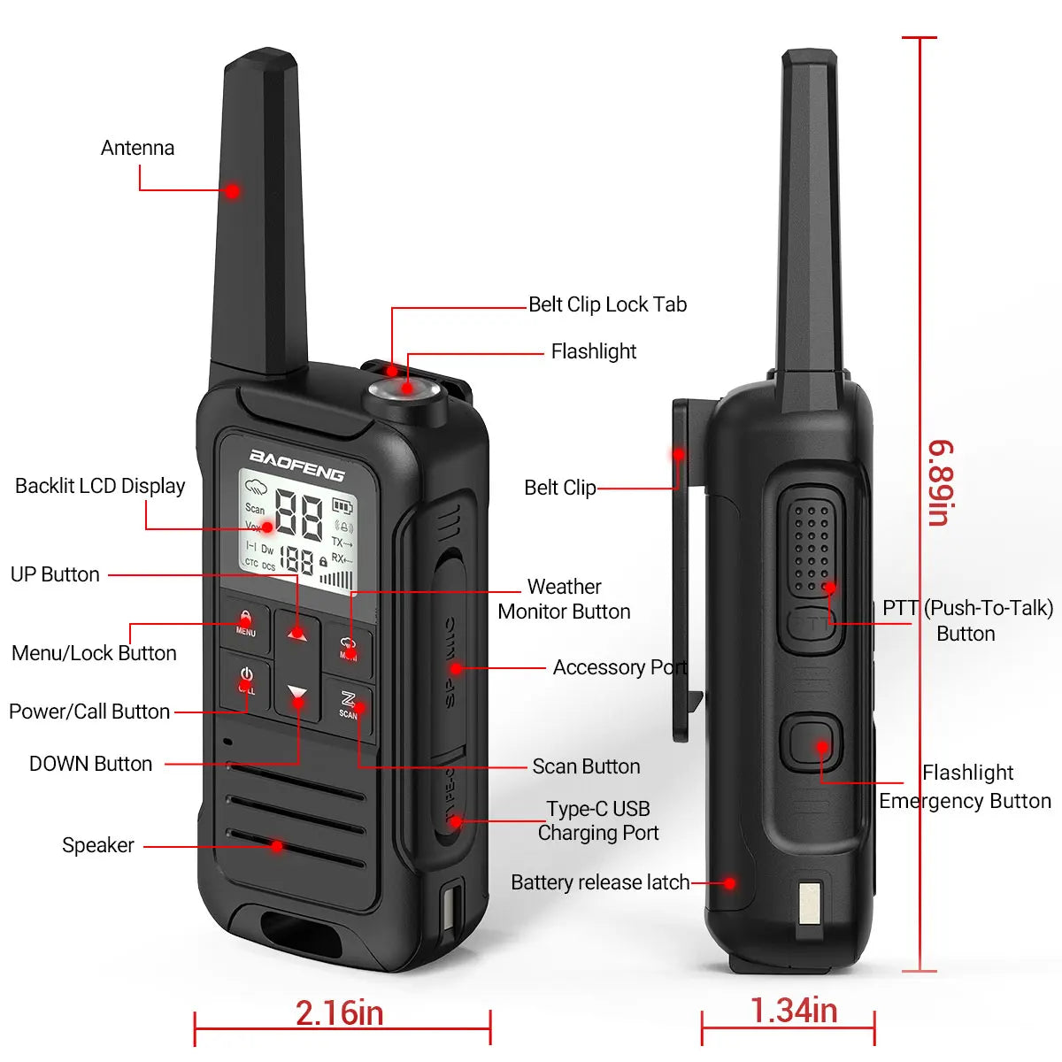 2PCS Baofeng F22 T22 PMR 446MHz Mini Walkie Talkie Waterproof Type-C Licence-free Flashlight Portable Two Way Radio for Hunting