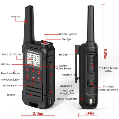2PCS Baofeng F22 T22 PMR 446MHz Mini Walkie Talkie Waterproof Type-C Licence-free Flashlight Portable Two Way Radio for Hunting