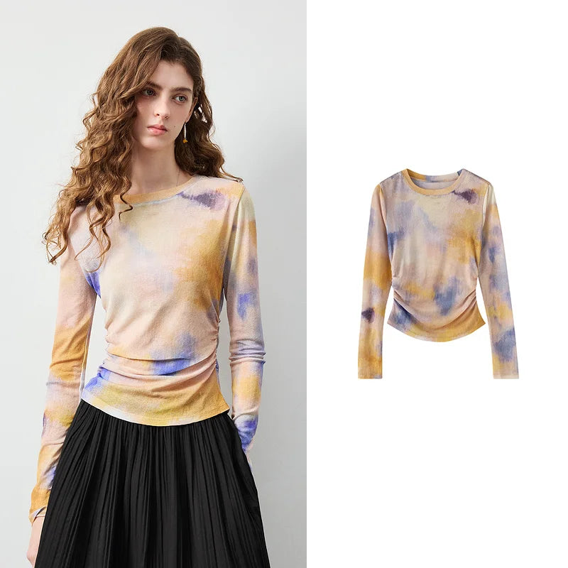 TOYOUTH Women's Sheer Second Skin Base Layer Top 2026 Fall Slim Fit Mongolian Print Nomadic Style