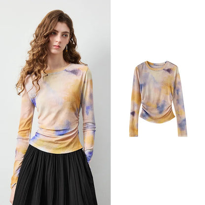 TOYOUTH Women's Sheer Second Skin Base Layer Top 2026 Fall Slim Fit Mongolian Print Nomadic Style