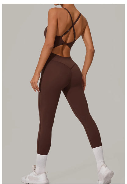 New Nylon Pad V-Neck Wrap Yoga Bodysuit - Adjustable Hook Tummy Control Butt Lift Workout Jumpsuit