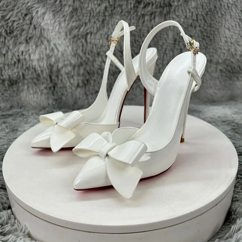 New white bow high-heeled shoes with women's patent leather pointed and slender heels, sexy and elegant, perfect for commuting