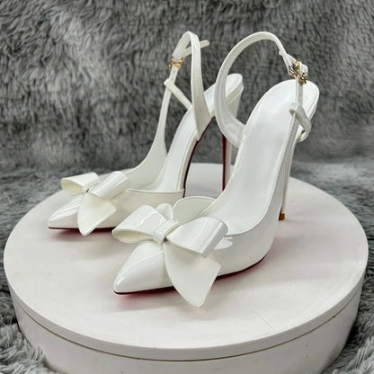 New white bow high-heeled shoes with women's patent leather pointed and slender heels, sexy and elegant, perfect for commuting