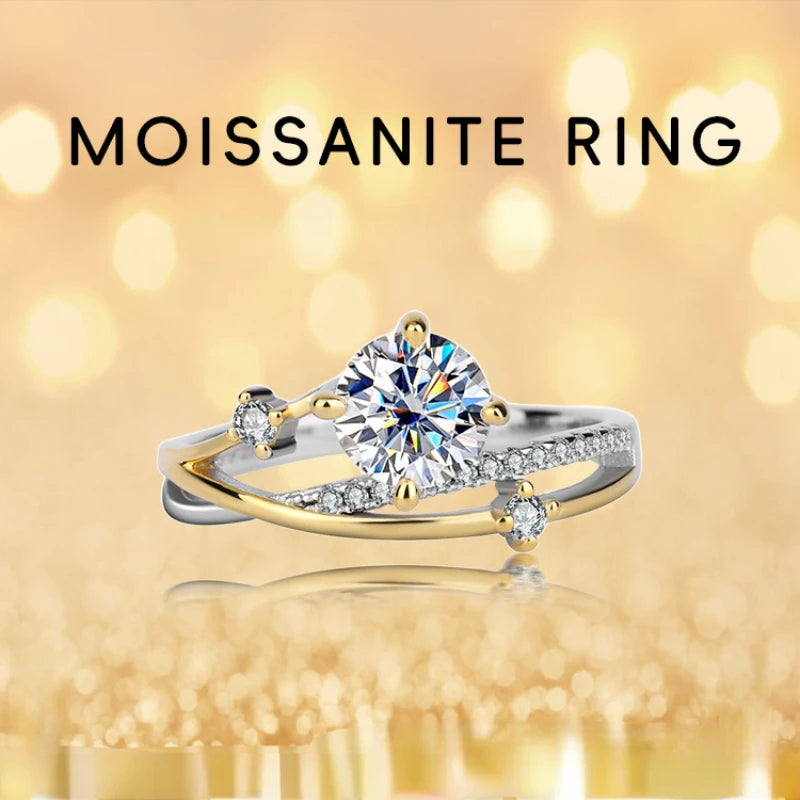 Trumium 1CT VVS1 Moissanite Rings for Women Star Trail Band 925 Sterling Sliver Engagement Ring with Certificate Gold Plated