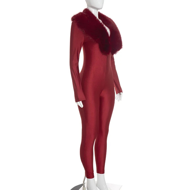FAGADOER Women Fall Winter Bodycon Jumpsuit Faux Fur Collar Long Sleeve Deep V Neck Slim Fit Sexy Club Party One Piece Outfit