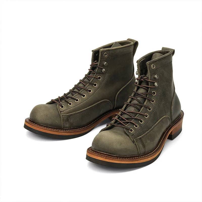 KOWM Cowhide Hiking Shoes Men's Walking Boot British Trekking Shoes Thick Soled Cowhide High Top Motorcycle Boots Ankle Sneakers