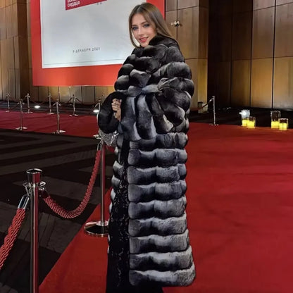 Best Selling Real Rex Rabbit Fur Coat Women Long Chinchilla Fur Coat Winter Women's Fur Jackets Brand Contrast Warm