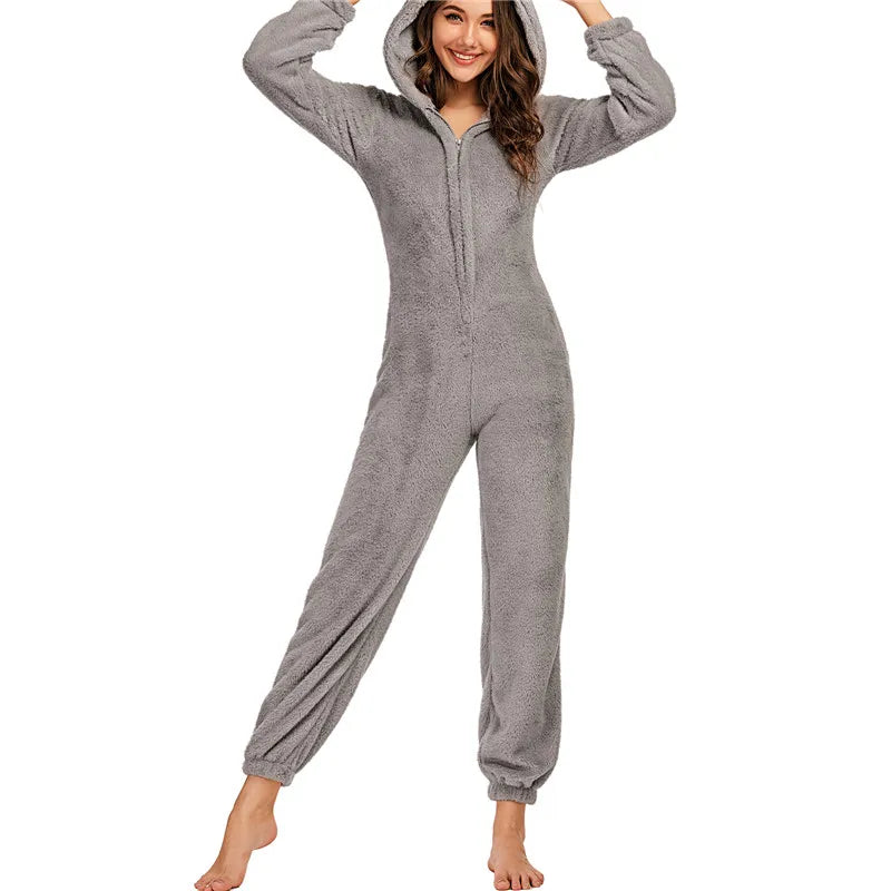 Women Winter Warm Plush Romper Pajamas Solid Color Long-Sleeve Zipper High Neck Hooded Homewear S/M/L/XL/2XL