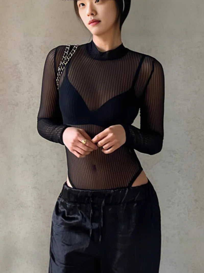 2026 New Arrival Y2K Black Sexy Spicy Girl Style Backless Cutout Lightly Mature Elegance Striped Mesh Sheer Sensual Long Sleeve