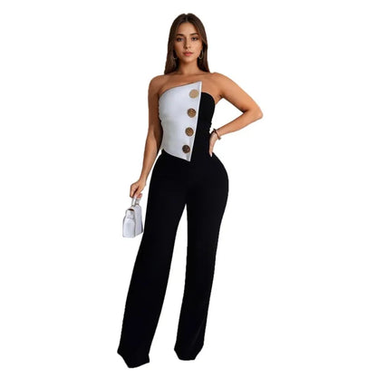Sexy Backless Strapless Jumpsuit Summer Women Fashion Solid Button Sleeveless Slim Fit Wrap Hip Jumpsuits Elegant Office Romper