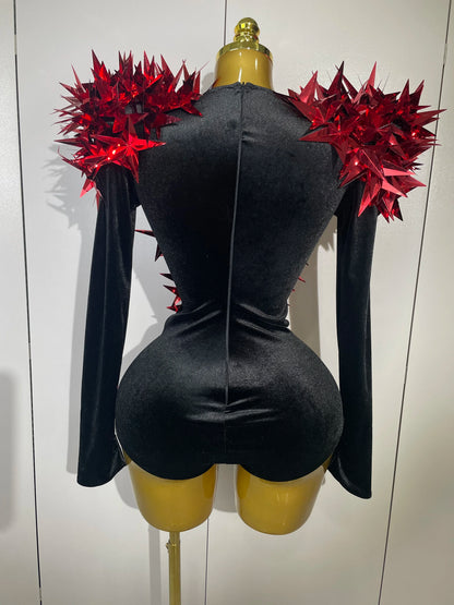 2025 New Shiny Black Rhinestone Velvet Long Sleeve Bodysuit Women Evening Party Club Gala Hosts NightClub Bar Stage Costumes