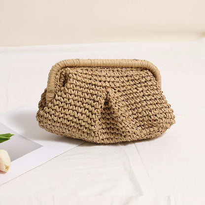 2025 New Women Straw Woven Bag Chain Strap Straw Clutch Purse Large Capacity Stylish Crossbody Bag Solid Color for Summer Beach