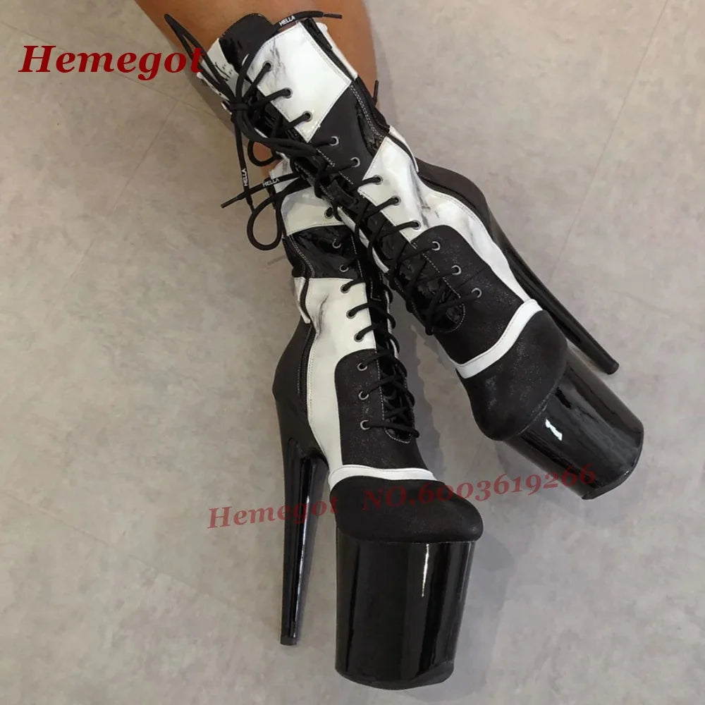 White Platform Lace-Up Ankle Boots Steel Pole Dance Performance Shoes Round Toe Stiletto High Heels Cross Tied Zip Women's Boots