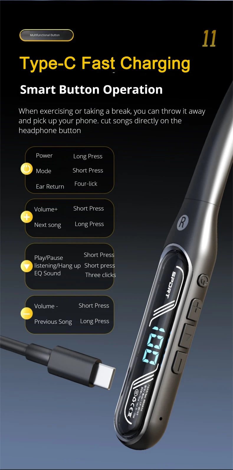 EARDECO Dual Screen Neckband Earphones Bass 5.4 Bluetooth Headphone Sport Wireless Headphones Outdoor Waterproof Dustproof