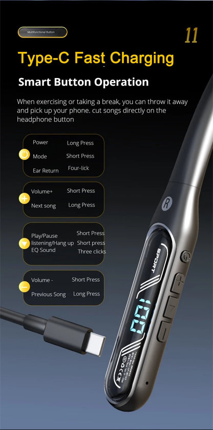 EARDECO Dual Screen Neckband Earphones Bass 5.4 Bluetooth Headphone Sport Wireless Headphones Outdoor Waterproof Dustproof