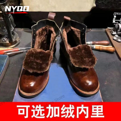 Men's Vintage Genuine Leather Motorcycle Boots, Round Toe British Style Work Ankle Boots